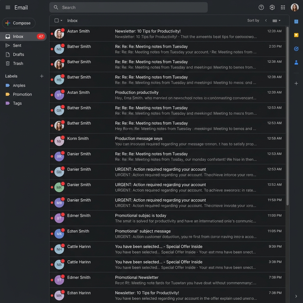 Cluttered inbox with 47 unread emails